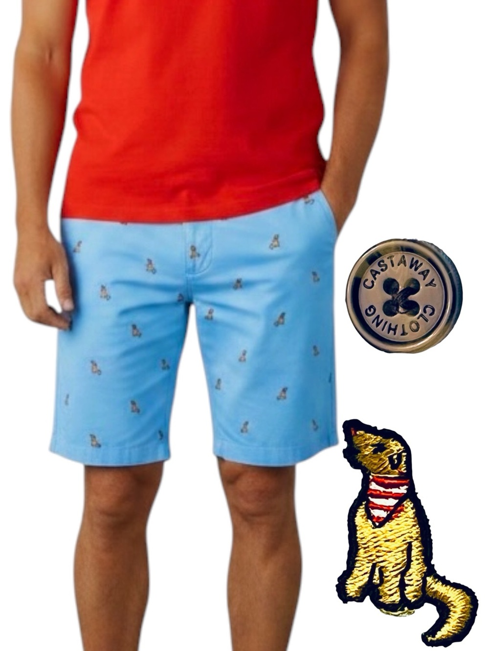 Castaway Nantucket Island Shorts Mens Sz 38x9 Light Blue Embroidery Dogs Cotton